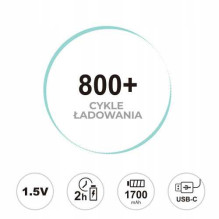 Įkraunamos ličio jonų baterijos su USB-C jungtimi, AA tipo, 1700 mAh, 1,5 V (4 vnt.)