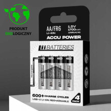 Įkraunamos ličio jonų baterijos su USB-C jungtimi, AA tipo, 1700 mAh, 1,5 V (4 vnt.)