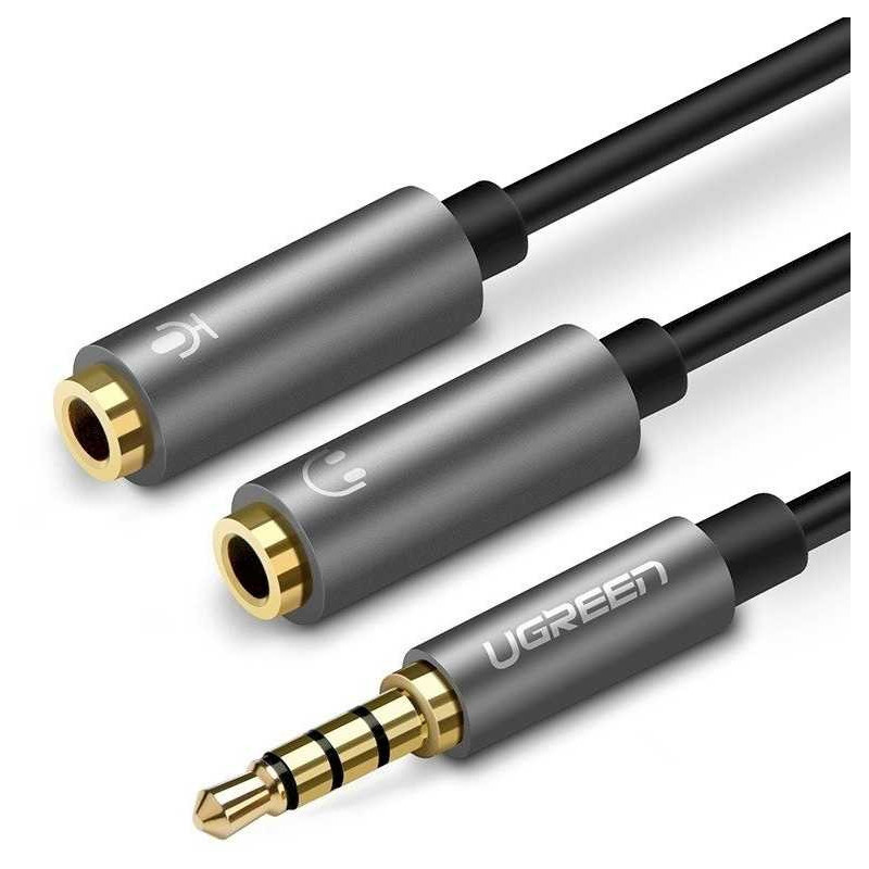 Ugreen 3,5 mm (vyriškas) į 2 x 3,5 mm (lizdas) ausinių šakotuvas, tamsiai pilkas