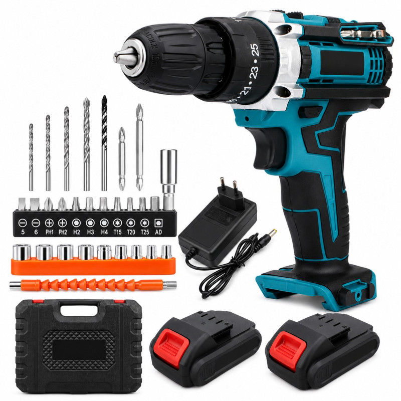EXTRALINK TOOLS CORDLESS DRILL DRIVER BLUE + 2 BATTERIES