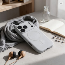 iPhone 18 Pro / 17 Pro dėklas. Silikoninis Mag dėklas, suderinamas su „MagSafe“ (apsauga nuo kameros), sidabrinis.
