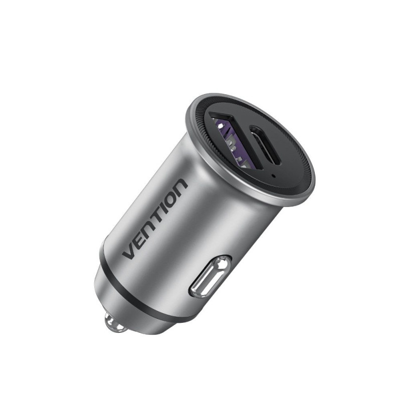 Vention Dviejų prievadų USB A+C(18 / 20) Automobilinis įkroviklis pilkas mini stiliaus aliuminio lydinio tipas