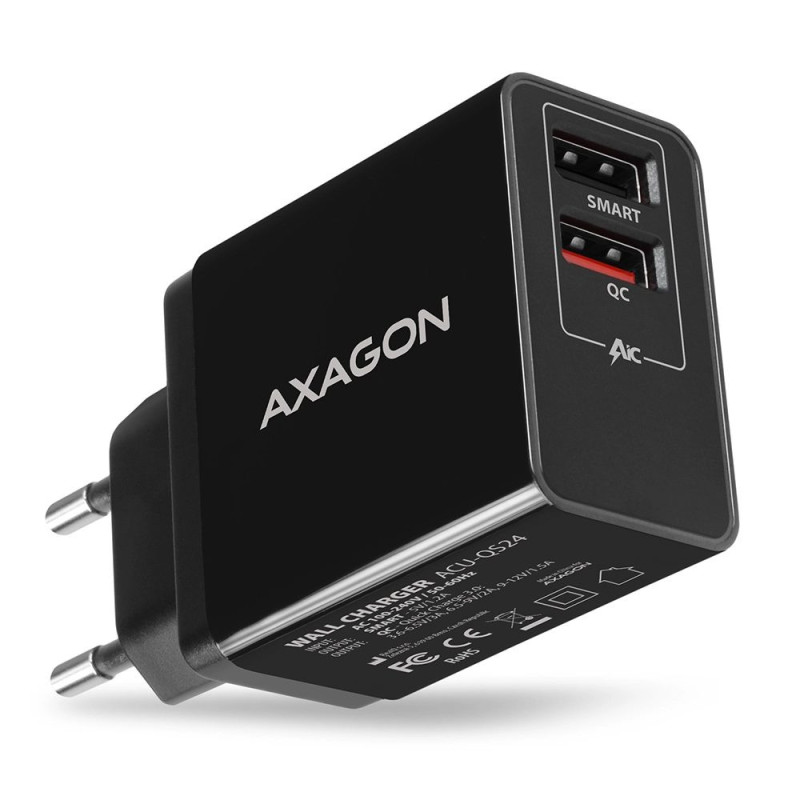 Axagon ACU-QS24 mobiliojo įrenginio įkroviklis, išmanusis telefonas, juodas AC Greitas įkrovimas, skirtas vidaus patalpo