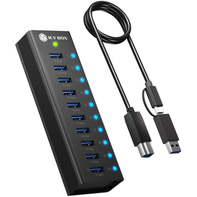 USB Hub Icy Box 10-Port USB 3.2 Gen 2 (10 Gbps) Hub with 1x tablet charging port, with 12 V / 4 A power supply, fully me