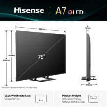 TV Set, HISENSE, 75 ", 4K Ultra HD, 3840 x 2160 pixels, Flat, 16:9, QLED, 75A7Q