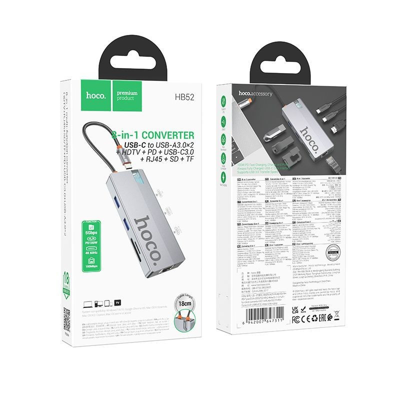 USB-C HUB Hoco (HB-52) (HDTV RJ45 SD / TF 1xUSB-C 2xUSB) black