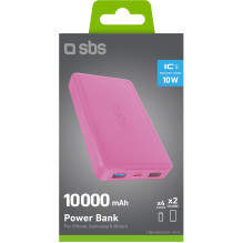 Išorinė Baterija - SBS 10 000 mAh, 2 USB-A, USB-C, Rožinė