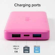Išorinė Baterija - SBS 10 000 mAh, 2 USB-A, USB-C, Rožinė