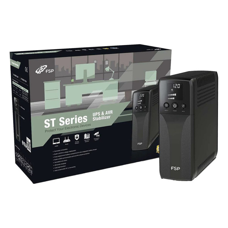 FSP ST 850 Tower 850VA 510W line-interactive UPS ar RJ45 aizsardzību un 4 Schuko kontaktligzdām