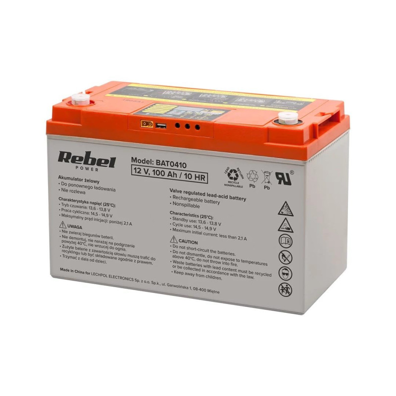 REBEL Deep Cycle Gel akumulators ar displeju 12V 100Ah