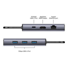 USB-C Šakotuvas - UNITEK D1113CGY01 3× USB-A USB-C HDMI Gigabit Ethernet 100 W Pilkas