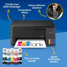 Daugiafunkcis spausdintuvas - Epson EcoTank L3310 3 viename A4, 100 lapų dėklas, nuotraukos be paraščių 10 × 15 cm Daugiafunkcis spausdintuvas - Epson EcoTank L3310 3 viename A4, 100 lapų dėklas, nuotraukos be paraščių 10 × 15 cm