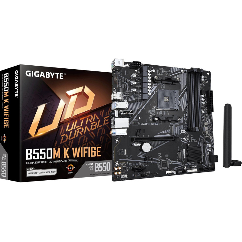 GIGABYTE B550M K WIFI6E Motherboard - AMD Ryzen 5000 CPUs up to 4733MHz DDR4 1xPCIe 4.0 + 1xPCIe 3.0 M.2 WIFI 6E 1GbE LA