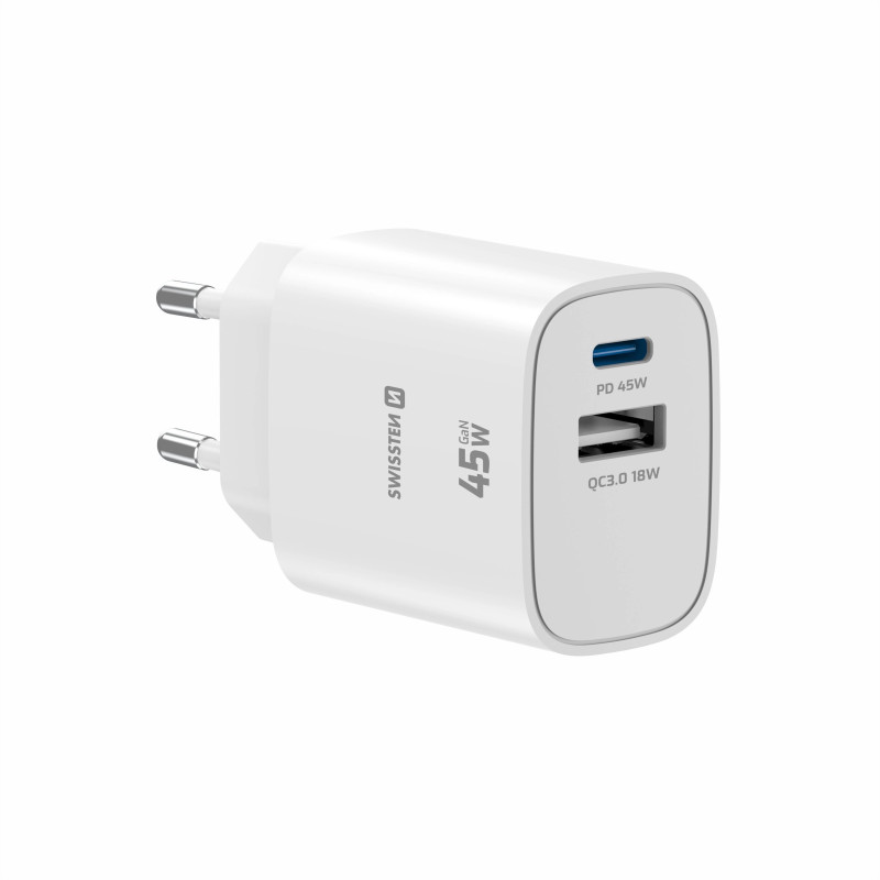 Swissten Edge GaN Kelioninis įkroviklis GaN USB -C PD 45W + USB -A 18W QC