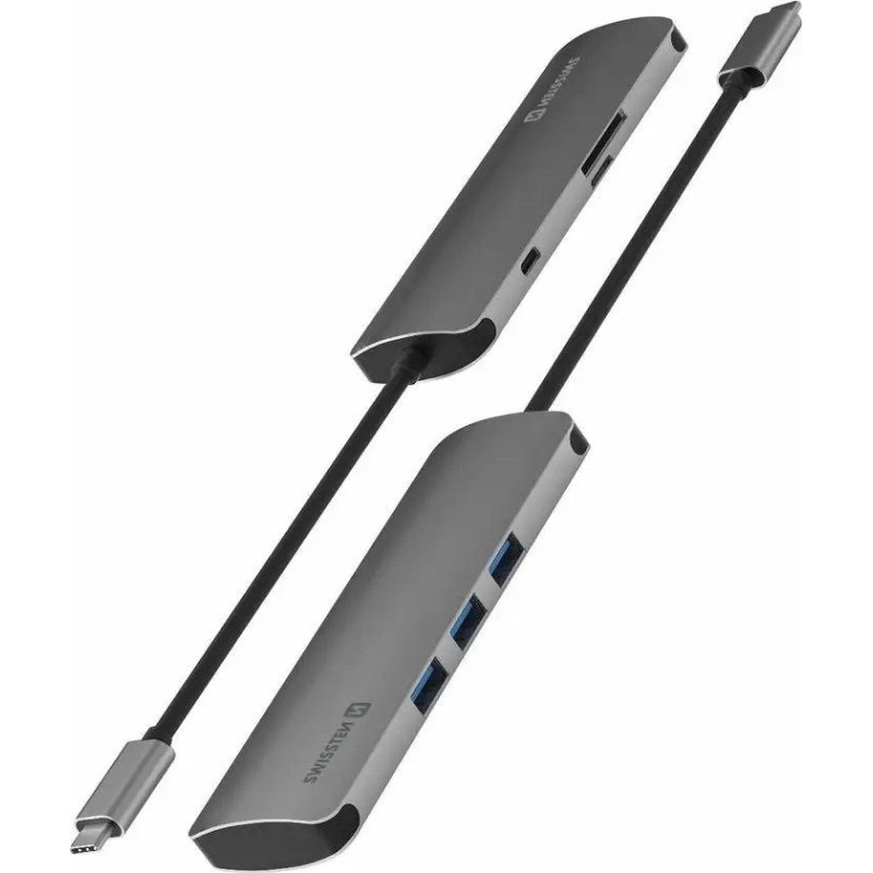HUB USB Sourcing Swissten USB-C Splitter 6in1 with 3X USB 3.0 / 1X USB-C Power Delivery / 1X microSD / 1X SD / Aluminum 