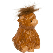 Money box Scottish cow with fur on its head made of dolomite 15x11cm