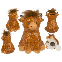Money box Scottish cow with fur on its head made of dolomite 15x11cm