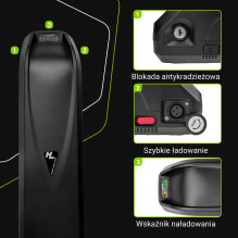 „Green Cell“ el. dviračio akumuliatorius 48 V 18 Ah 864 Wh, skirtas „Samebike“, su įkrovikliu, su apatiniu vamzdžiu