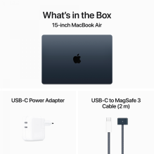 15 colių MacBook Air: Apple M3 lustas su 8 branduolių CPU ir 10 branduolių GPU, 16 GB, 256 GB SSD – vidurnaktis, modelis