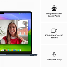 15 colių MacBook Air: Apple M3 lustas su 8 branduolių CPU ir 10 branduolių GPU, 24 GB, 512 GB SSD – vidurnaktis, modelis