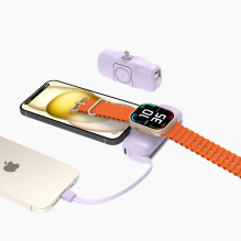 Wozinsky WF16-YLS 5000 mAh 15 W Lightning Mini Power Bank su įmontuotu USB-C laidu ir Apple Watch įkrovikliu – violetinė