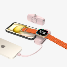 Wozinsky WF16-YLS 5000mAh 15W Lightning Mini Power Bank su įmontuotu USB-C laidu ir Apple Watch įkrovikliu – rožinė