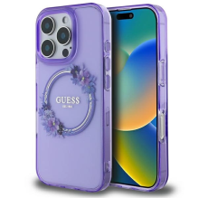 Guess IML Gėlių vainikas MagSafe iPhone 16 Pro dėklas – violetinis