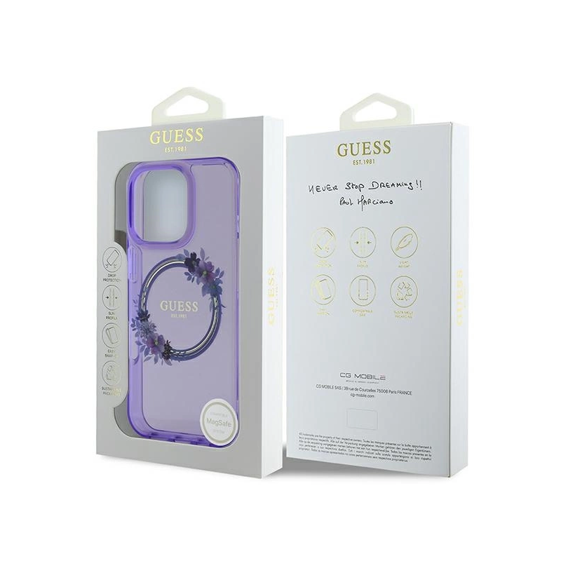 Guess IML Flowers Wreath MagSafe iPhone 16 Pro Case - Purple