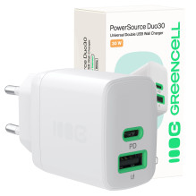 „Greencell PowerSource Duo30“ įkroviklis, USB/USB-C, baltas maitinimo adapteris, 30 W, maitinimo šaltinis