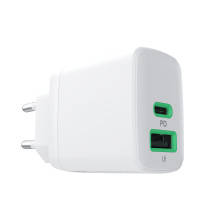 „Greencell PowerSource Duo30“ įkroviklis, USB/USB-C, baltas maitinimo adapteris, 30 W, maitinimo šaltinis