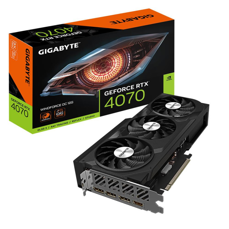 Vaizdo plokštė, GIGABYTE, NVIDIA GeForce RTX 4070, 12 GB, GDDR6X, 192 bitų, PCIE 4.0 16x, dviejų lizdų ventiliatorius, 1