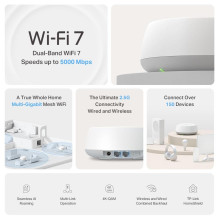 Wireless Router, TP-LINK, Wireless Router, 2-pack, 5000 Mbps, Mesh, Wi-Fi 7, 2x2.5GbE, LAN \ WAN ports 2, Number of ante