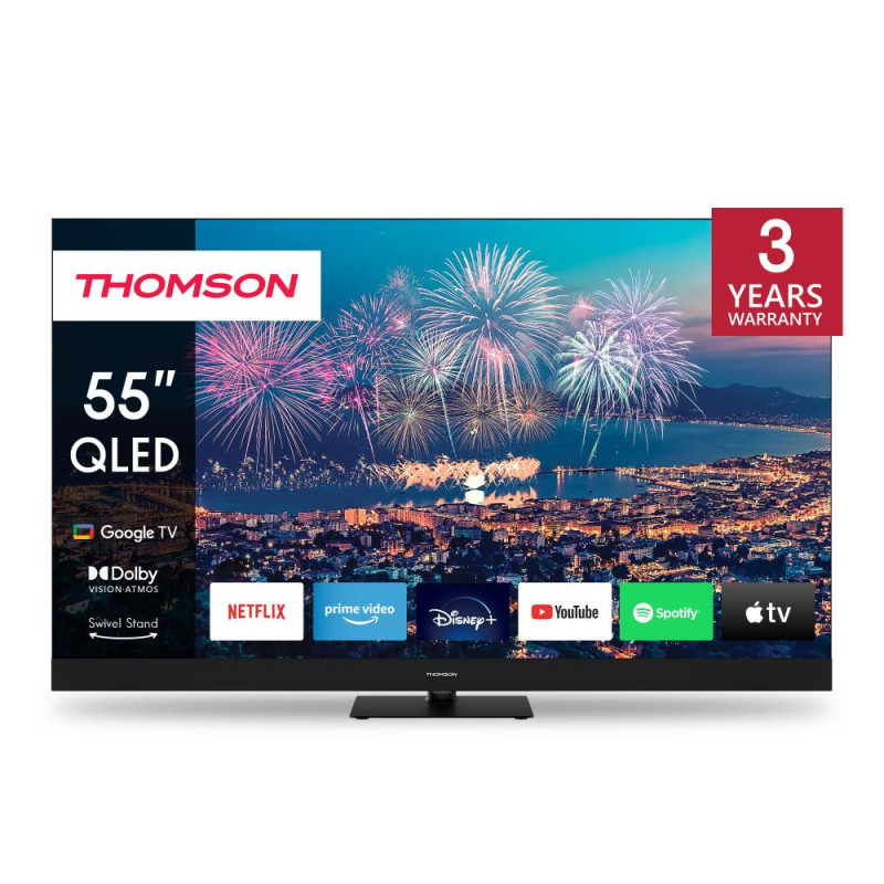 TV Set, THOMSON, 55&quot;, 4K / Smart, QLED, 3840x2160, Wireless LAN, Bluetooth, Google TV, Black, 55QG6C14