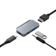 HUB Tech-Protect V6 4in1 USB-C - USB-A 3.0 / USB-C PD100W / HDMI / mini lizdas 3,5 mm - pilka