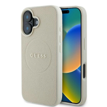 Guess Grained Ring MagSafe dėklas iPhone 16 - smėlio spalvos