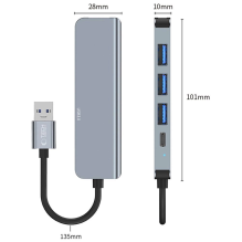 HUB Tech-Protect V0 5in1 USB-A – USB-A 3.0 / 3x USB-A 2.0 / USB-C – pilka