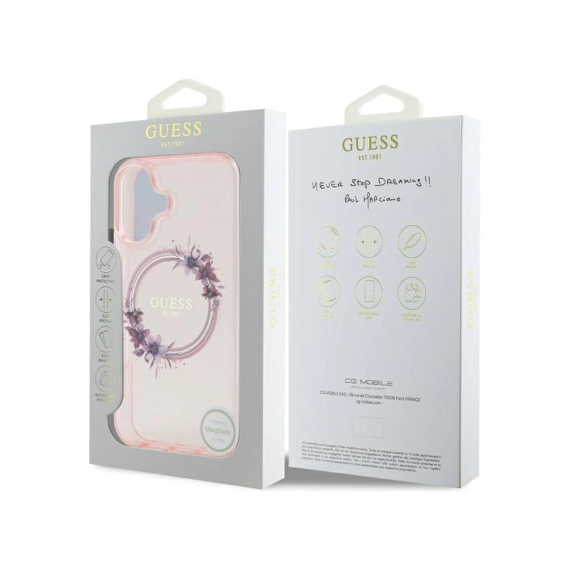 Guess IML Flowers Wreath MagSafe iPhone 16 Case - Pink