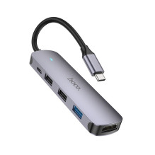 Adapteris Hoco HB27 Type-C Multi-Function Converter HDMI+USB3.0+USB2.0*2+PD pilkas