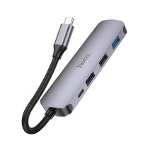 Adapteris Hoco HB27 Type-C Multi-Function Converter HDMI+USB3.0+USB2.0*2+PD pilkas