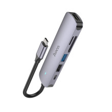 Adapteris Hoco HB28 Type-C Multi-Function Converter HDMI+USB3.0+USB2.0+SD+TF+PD pilkas