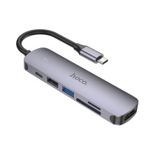 Adapteris Hoco HB28 Type-C Multi-Function Converter HDMI+USB3.0+USB2.0+SD+TF+PD pilkas