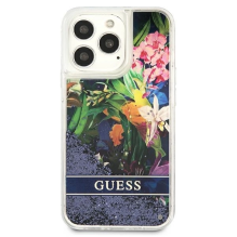 Guess Flower Liquid Glitter dėklas, skirtas iPhone 13 Pro Max - mėlynas