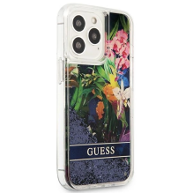 Guess Flower Liquid Glitter dėklas, skirtas iPhone 13 Pro Max - mėlynas