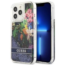 Guess Flower Liquid Glitter dėklas, skirtas iPhone 13 Pro Max - mėlynas