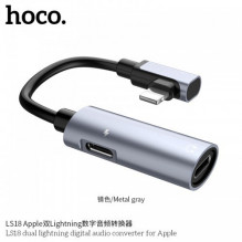 HOCO LS18 APPLE Lightning adapteris įkrovimui ir muzikos klausymui vienu metu, metališka pilka spalva