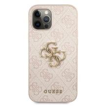 Guess GUHCP12M4GMGPI iPhone 12 / 12 Pro 6,1&quot; rožinis / rožinis kietas dėklas, 4G didelis metalinis logotipas