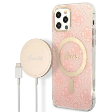 Rinkinys Guess GUBPP12MH4EACSP Case+ Charger iPhone 12 / 12 Pro rožinis / rožinis kietas dėklas 4G Print MagSafe