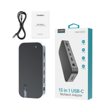 HUB Choetch M52 USB-C - USB-C PD / USB-C / USB-A / HDMI / VGA / DP / SD / TF / RJ45 / AUX - pilka