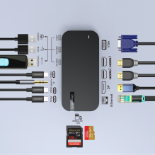 HUB Choetch M52 USB-C - USB-C PD / USB-C / USB-A / HDMI / VGA / DP / SD / TF / RJ45 / AUX - pilka