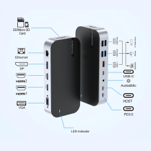 HUB Choetch M52 USB-C - USB-C PD / USB-C / USB-A / HDMI / VGA / DP / SD / TF / RJ45 / AUX - gray